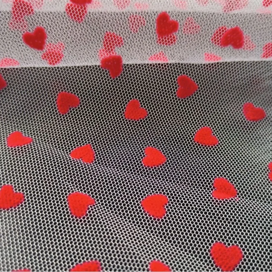YX735-1 2026 Heart-Shaped 100% Polyester Flocked Tulle Mesh Fabric Knitted Mesh Net Fabric for Lingerie Skirts