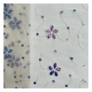 SCX001 Hot Selling Five Petal Flower Pink Sequin Fabric Embroidery Tulle Mesh Fabric Girl Clothing Fabric