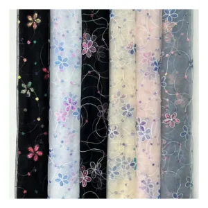 SCX001 Hot Selling Five Petal Flower Pink Sequin Fabric Embroidery Tulle Mesh Fabric Girl Clothing Fabric