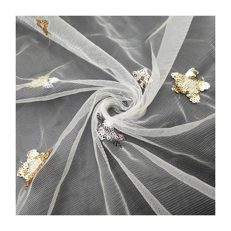 CP13 Beautiful Gold/Silver Sparkling Sequins Stars Tulle Lace Fabric for Prom/Wedding Gowns