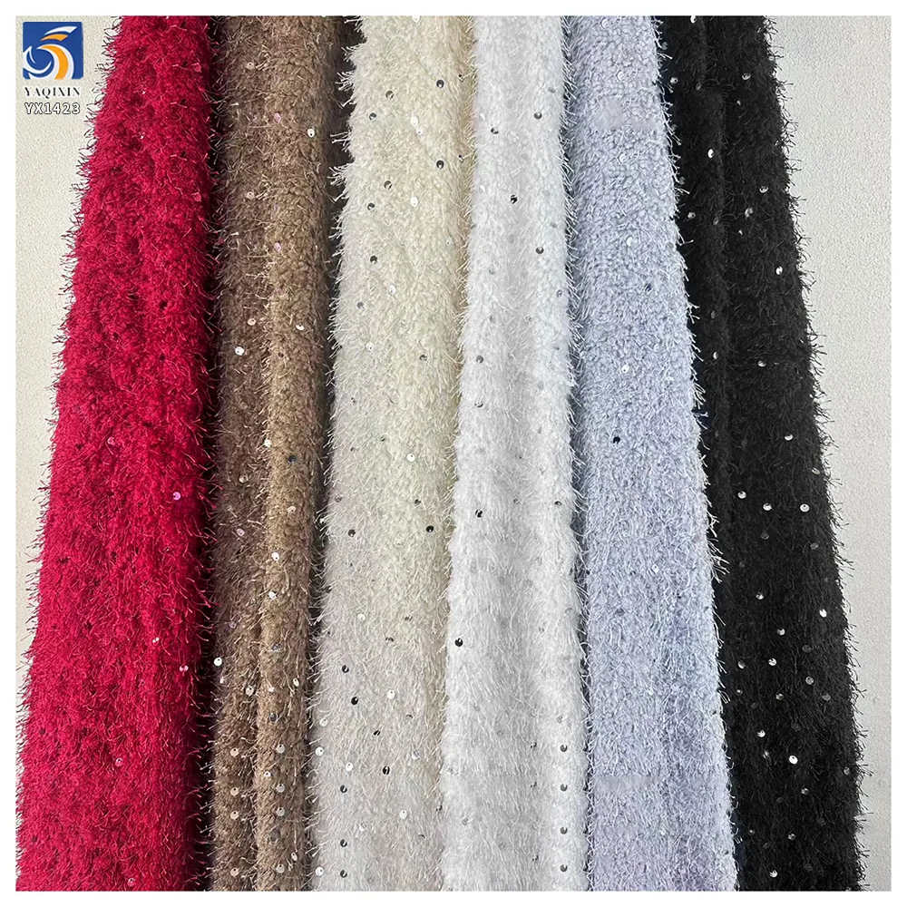 YX1423 2026 Winter White Fashion Chiffon Fabric for Women's Clothing French New Design Tassel Chiffon Fabric With Sequin
