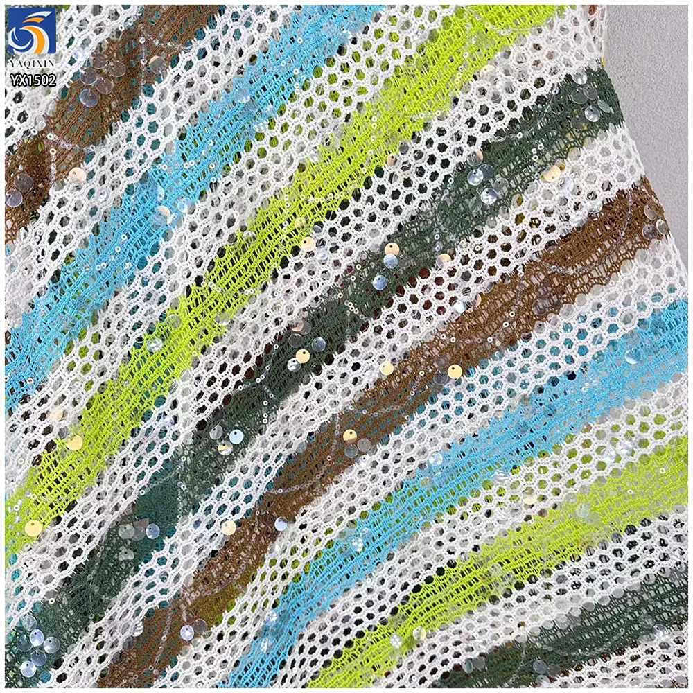 YX1502 270gsm Yarn Dyed Knitted Jacquard Sequin Fabric Boho Ethnic Openwork Mesh Fabric for Swimwear Cover up Women Blouse
