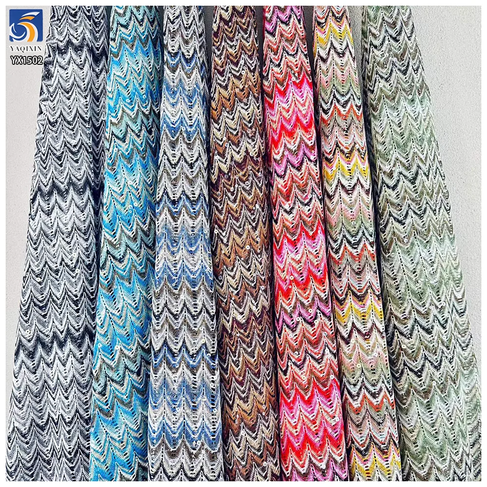 YX1502 270gsm Yarn Dyed Knitted Jacquard Sequin Fabric Boho Ethnic Openwork Mesh Fabric for Swimwear Cover up Women Blouse
