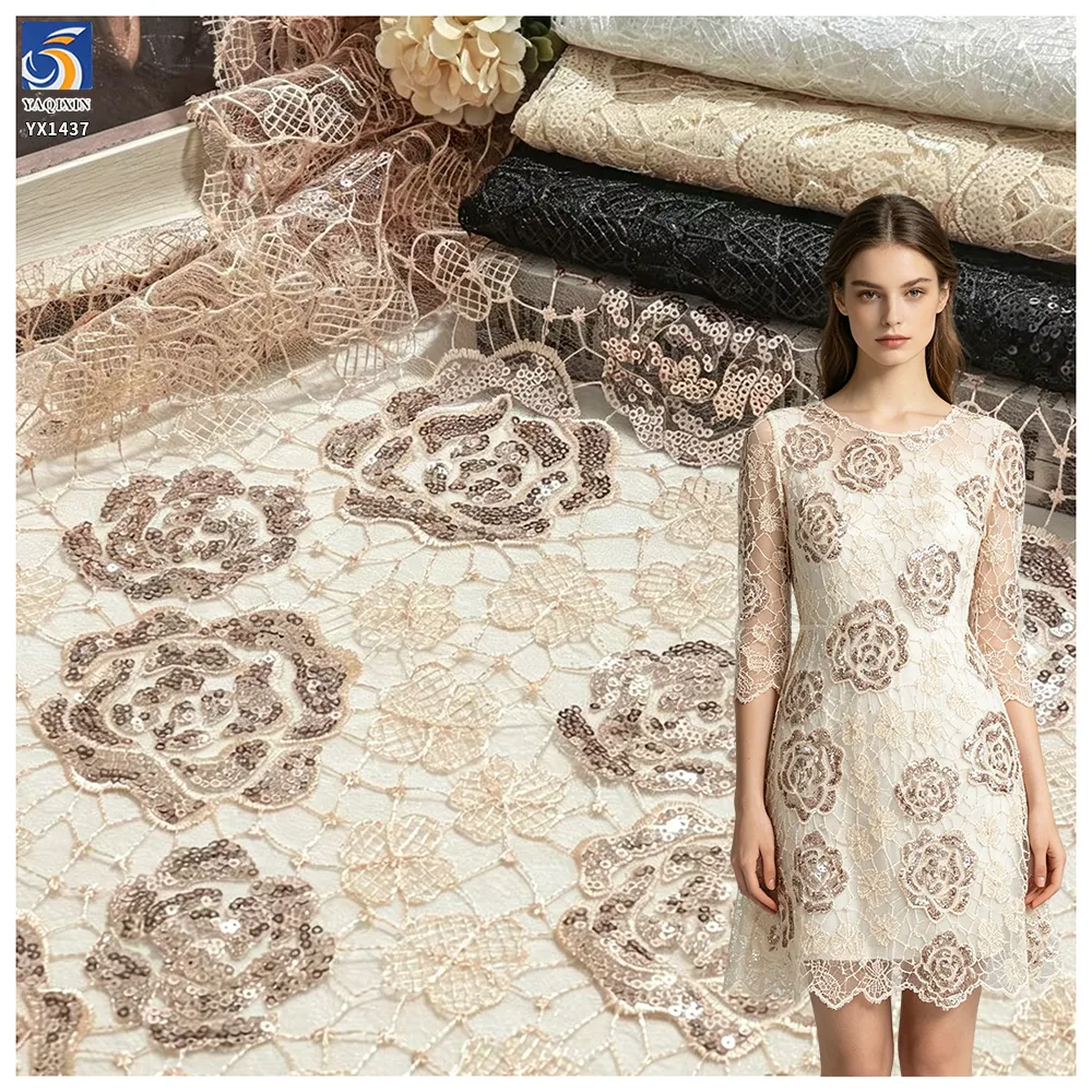 YX1437 Embroidered Big Florals Water Soluble Lace Fabric With 5mm Sequins for Bridal Wedding Dress & Evening Partywear Textile