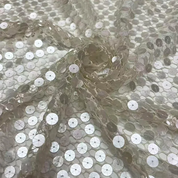 YX1438 300gsm Premium 10mm Round Sequins Mesh Fabric Glitter Net Tulle for Bridal Wedding Dress Evening & Party Wear Fabric
