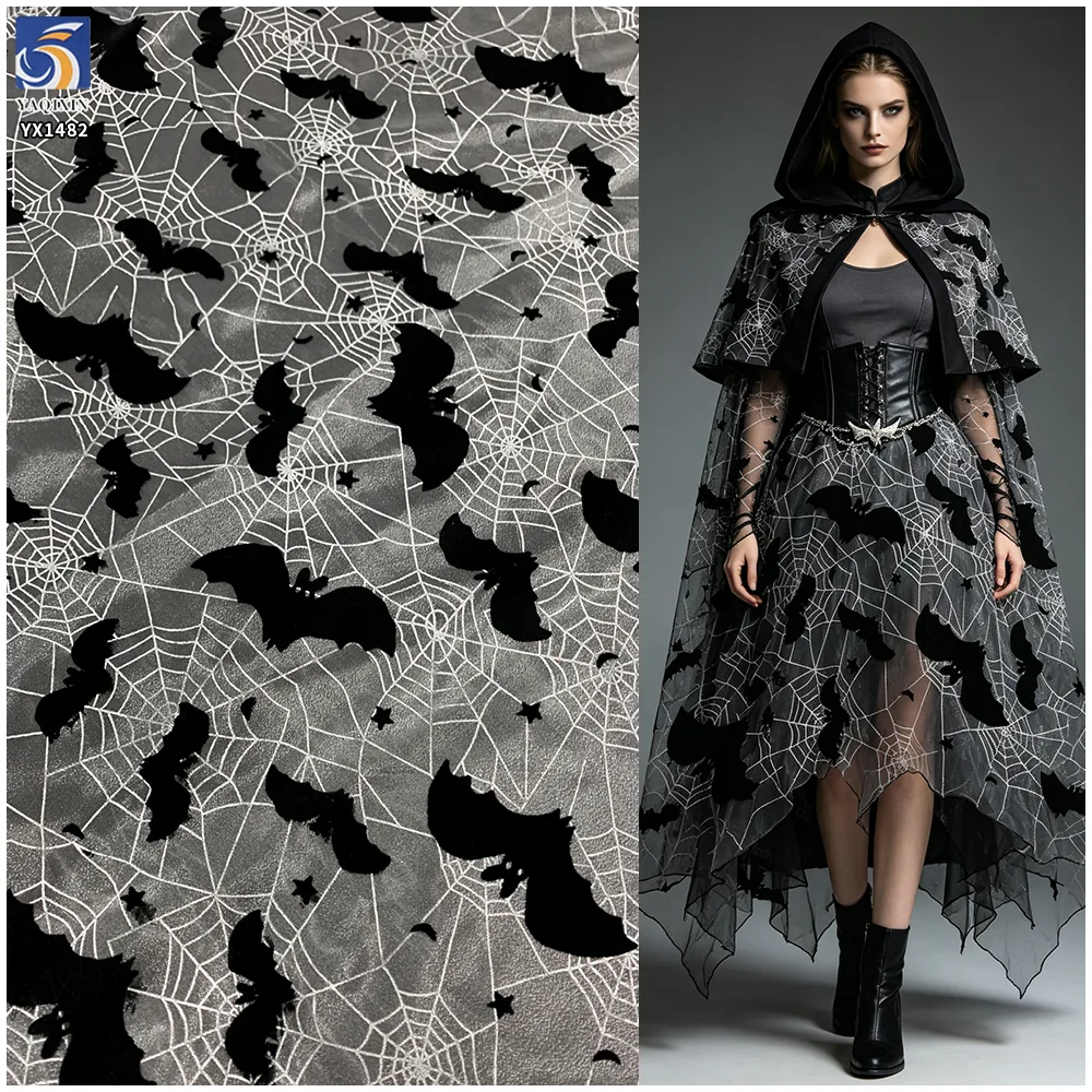 YX1482 Polyester Knitted Halloween Bat Flocked Organza Fabric With Spider Web Foil Print for Costumes and Party Decorati