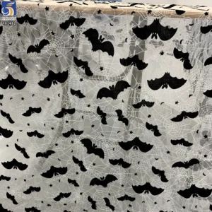YX1482 Polyester Knitted Halloween Bat Flocked Organza Fabric With Spider Web Foil Print for Costumes and Party Decorati