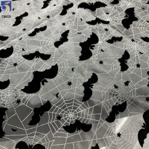 YX1482 Polyester Knitted Halloween Bat Flocked Organza Fabric With Spider Web Foil Print for Costumes and Party Decorati