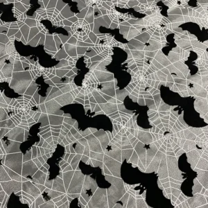 YX1482 Polyester Knitted Halloween Bat Flocked Organza Fabric With Spider Web Foil Print for Costumes and Party Decorati