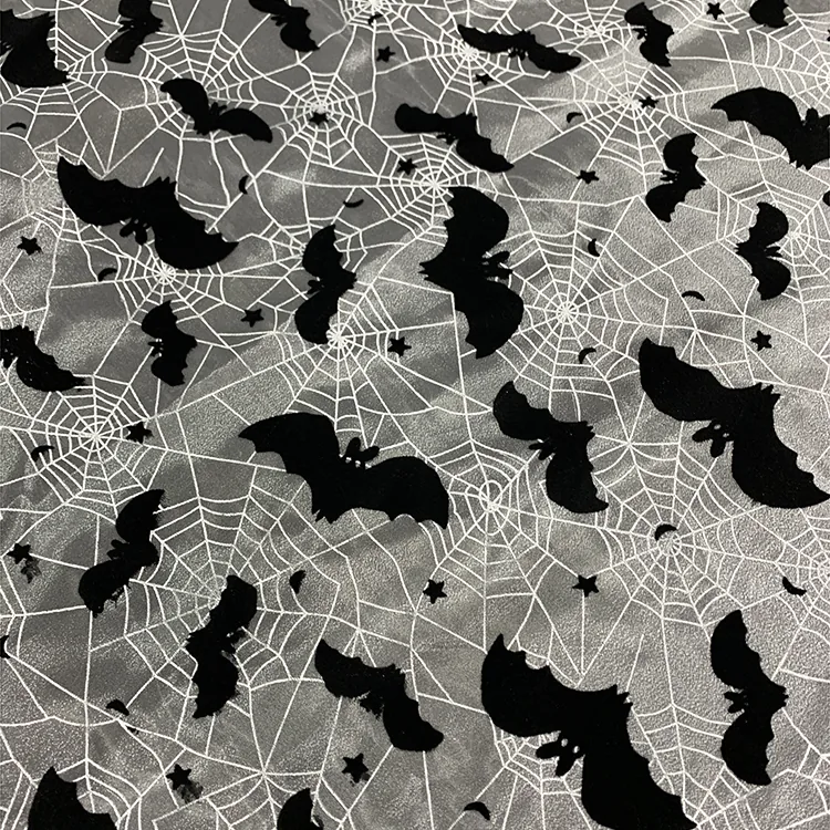 YX1482 Polyester Knitted Halloween Bat Flocked Organza Fabric With Spider Web Foil Print for Costumes and Party Decorati