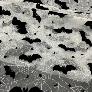 YX1482 Polyester Knitted Halloween Bat Flocked Organza Fabric With Spider Web Foil Print for Costumes and Party Decorati