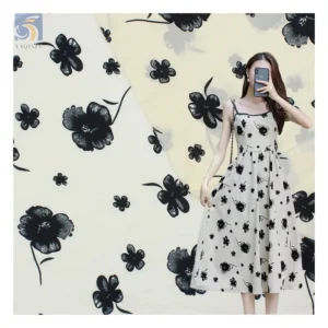 Valentine's Day Design New Arrival Sheer Organza Fabric with Black Flocked Floral Pattern Organza for Ladies