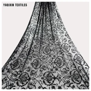 Designer New Custom 4 Way Stretch Clothing 95 Polyester 5 Spandex Flocked Mesh Fabric in Black