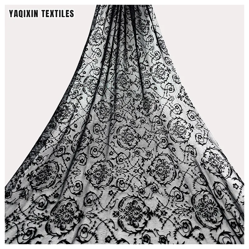 Designer New Custom 4 Way Stretch Clothing 95 Polyester 5 Spandex Flocked Mesh Fabric in Black