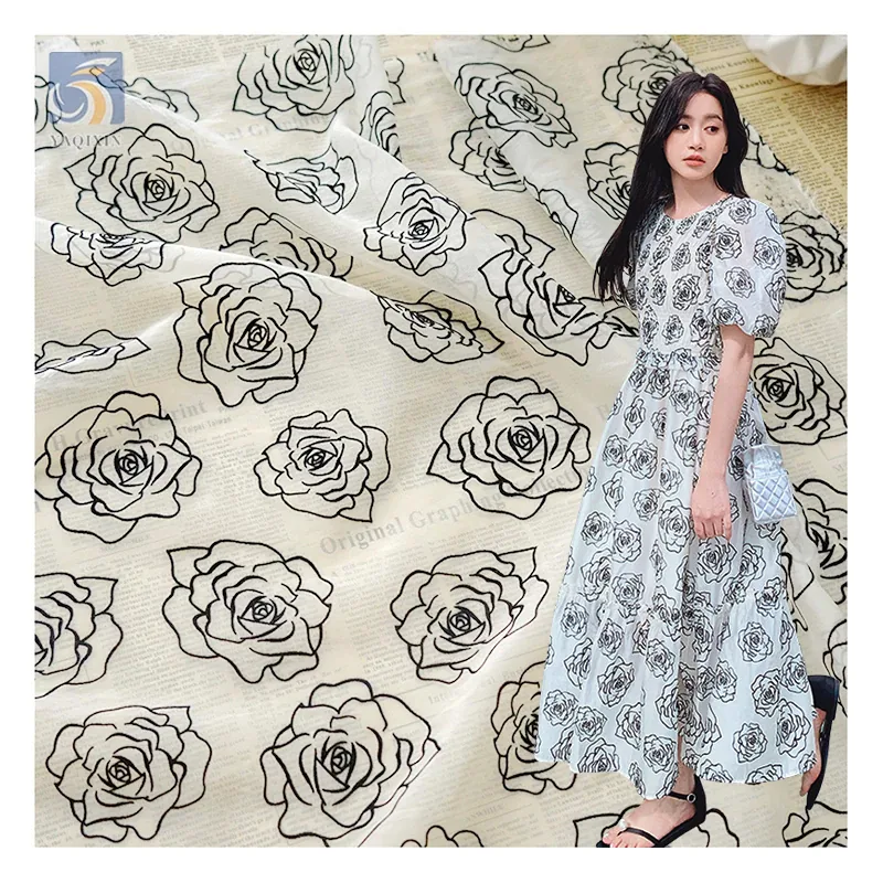OEM China Manufacturer Custom Organza Fabric Khaki Flocked Rose Flower Pattern Organza Fabric 5 Yards