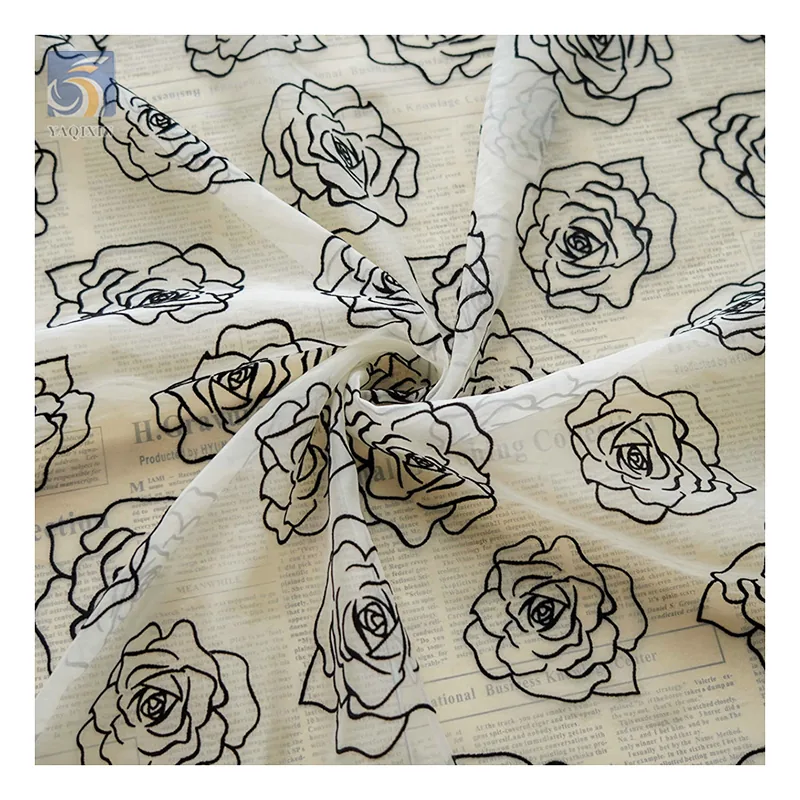 OEM China Manufacturer Custom Organza Fabric Khaki Flocked Rose Flower Pattern Organza Fabric 5 Yards