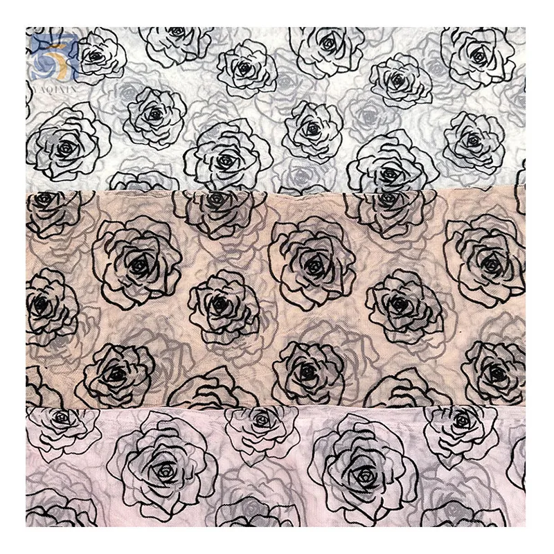 OEM China Manufacturer Custom Organza Fabric Khaki Flocked Rose Flower Pattern Organza Fabric 5 Yards