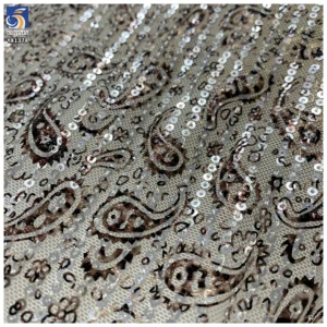 YX1378 150cm 200gsm 2026 New Paisley Printed Sequin Mesh Fabric 3mm Stretch Net Party Dress Sequins Fabric Textile