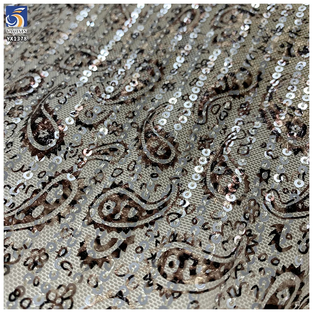 YX1378 150cm 200gsm 2026 New Paisley Printed Sequin Mesh Fabric 3mm Stretch Net Party Dress Sequins Fabric Textile