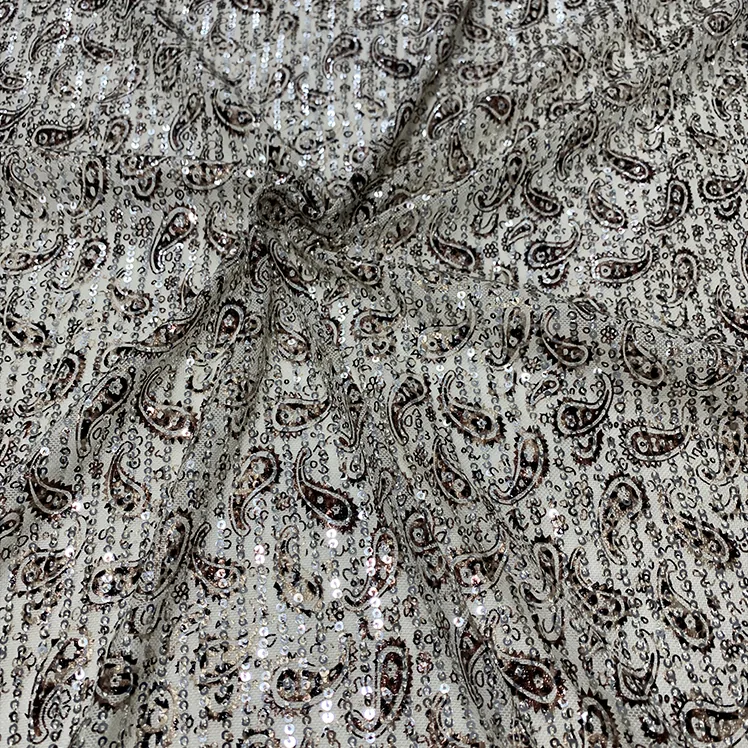 YX1378 150cm 200gsm 2026 New Paisley Printed Sequin Mesh Fabric 3mm Stretch Net Party Dress Sequins Fabric Textile