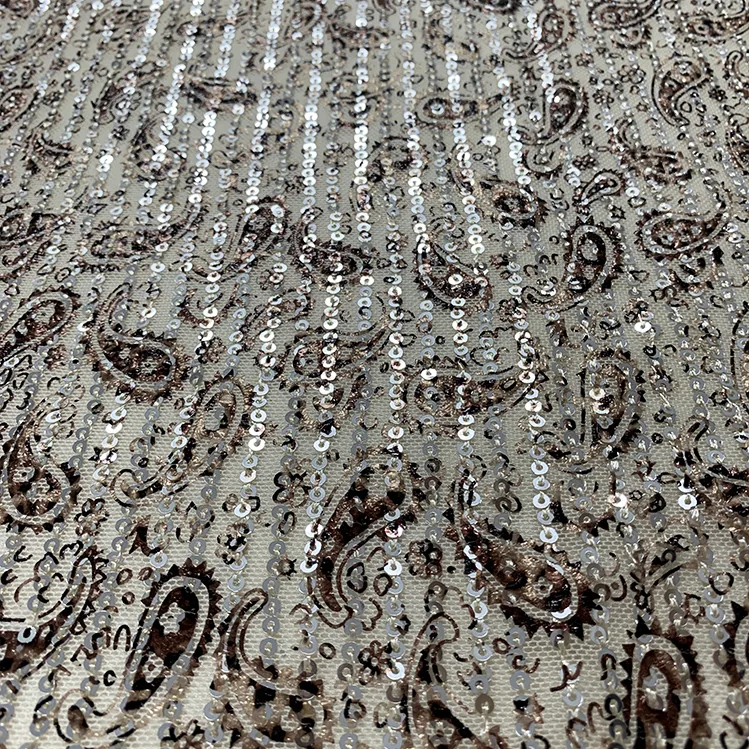 YX1378 150cm 200gsm 2026 New Paisley Printed Sequin Mesh Fabric 3mm Stretch Net Party Dress Sequins Fabric Textile
