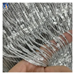 YX838 New Fashion 3mm Strip Embroidery Sequins Fabric Tassel Embroidery Skirt 3D Sequin Fabric for Dance Skirts Cheongsams