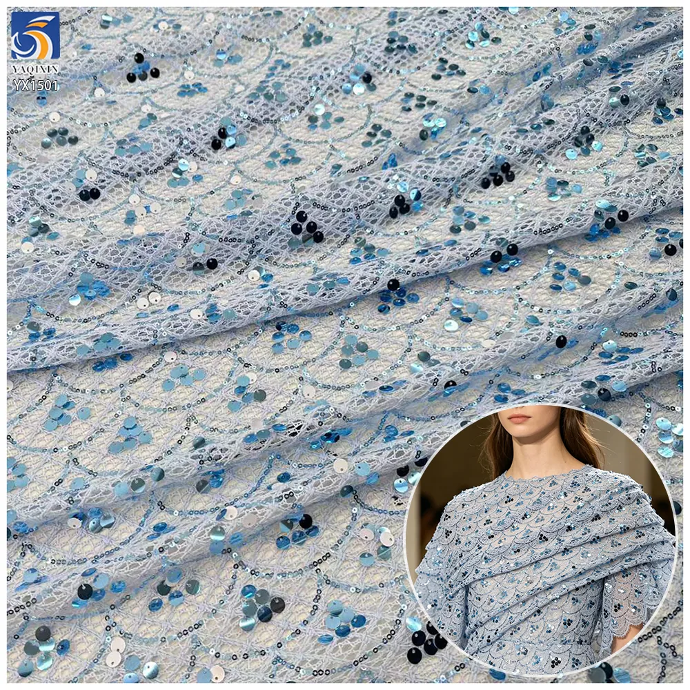 YX1501 Luxury Sequin Fish Scales Crochet Lace Fabric Embroidery Glitter Mesh Fabric for Evening Dress Designer Garment