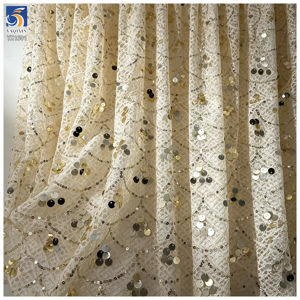 YX1501 Luxury Sequin Fish Scales Crochet Lace Fabric Embroidery Glitter Mesh Fabric for Evening Dress Designer Garment