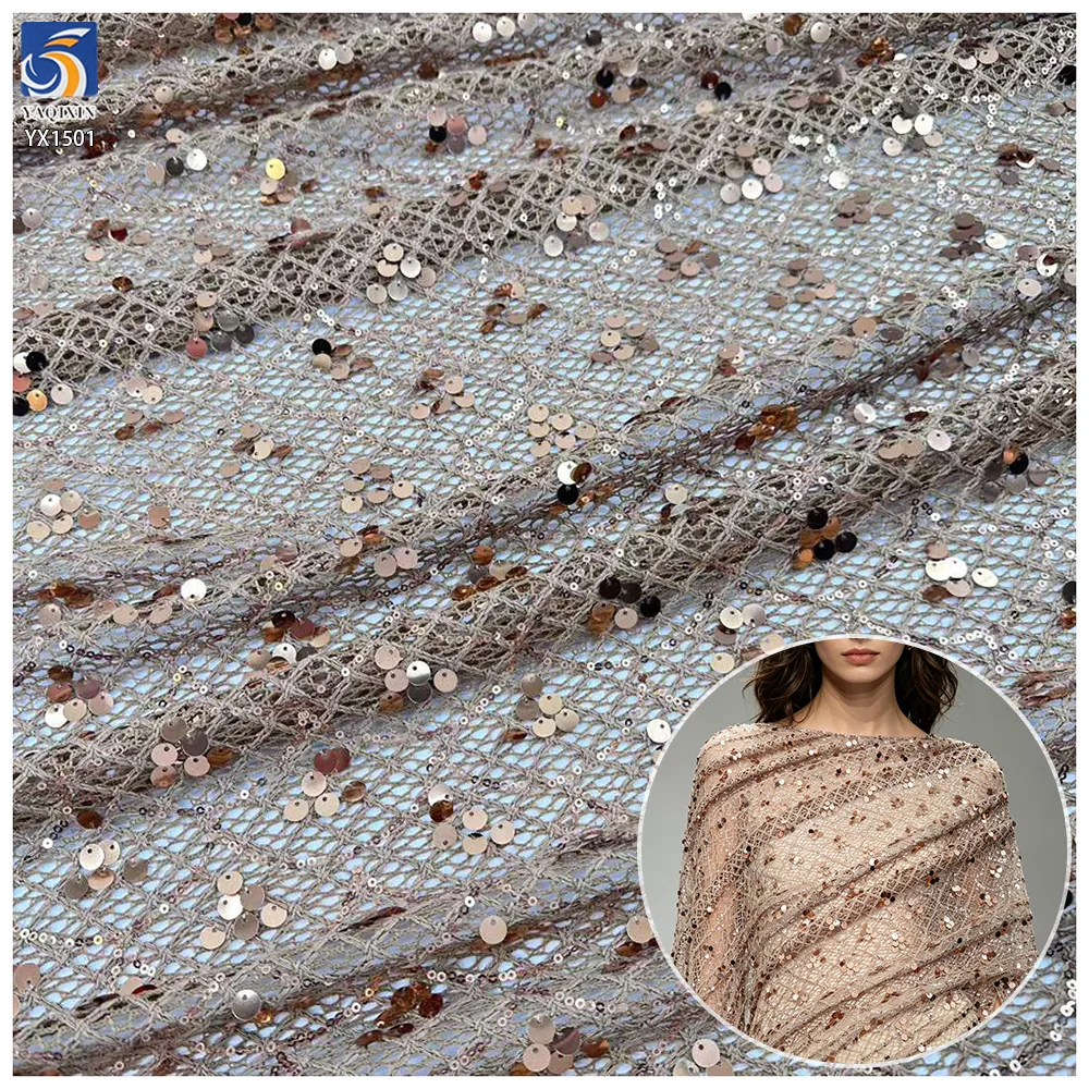 YX1501 Luxury Sequin Fish Scales Crochet Lace Fabric Embroidery Glitter Mesh Fabric for Evening Dress Designer Garment