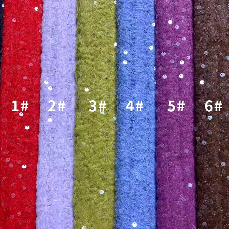 YX1421 High Quality Knit Blend Yarn Polyester Feather Jacquard Fabric With Sequins Winter Thick Fashion Fabric for Woman