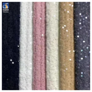 YX1421 High Quality Knit Blend Yarn Polyester Feather Jacquard Fabric With Sequins Winter Thick Fashion Fabric for Woman