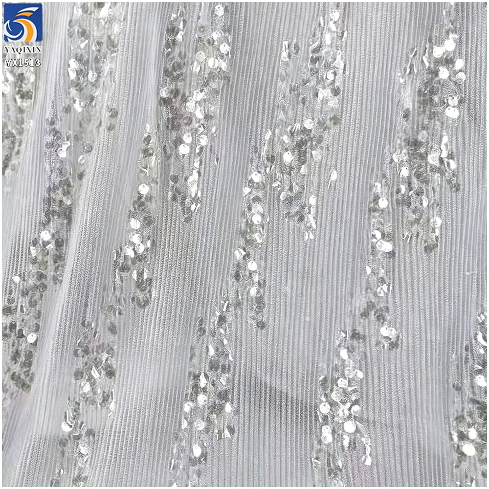 YX1513 2026 New 5mm Sequin Embroidery Pleated Chiffon Fabric for Women Dress Skirt Evening Gown