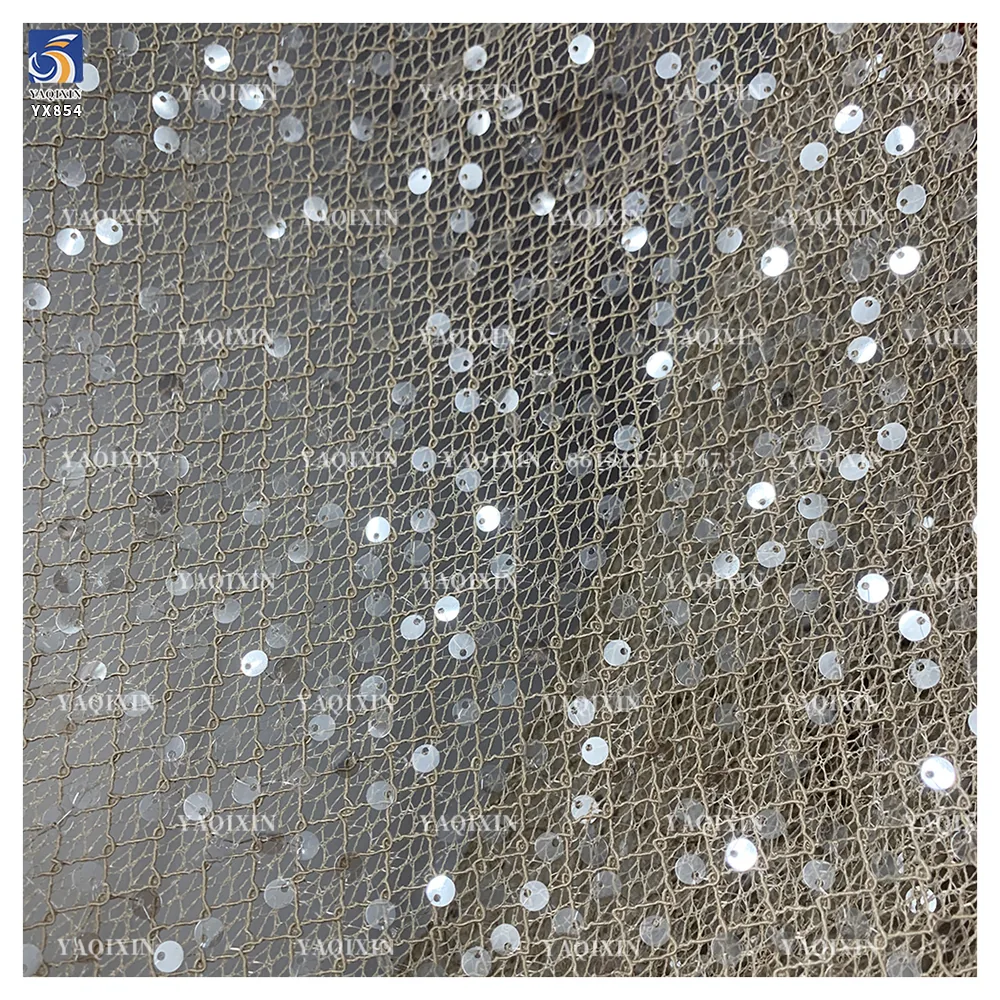 YX854 300gsm Apricot 100% Polyester Diamond Net Mesh Fabric with 5cm Sequins for Bridal Dress Veil Bag Fabric Knitting