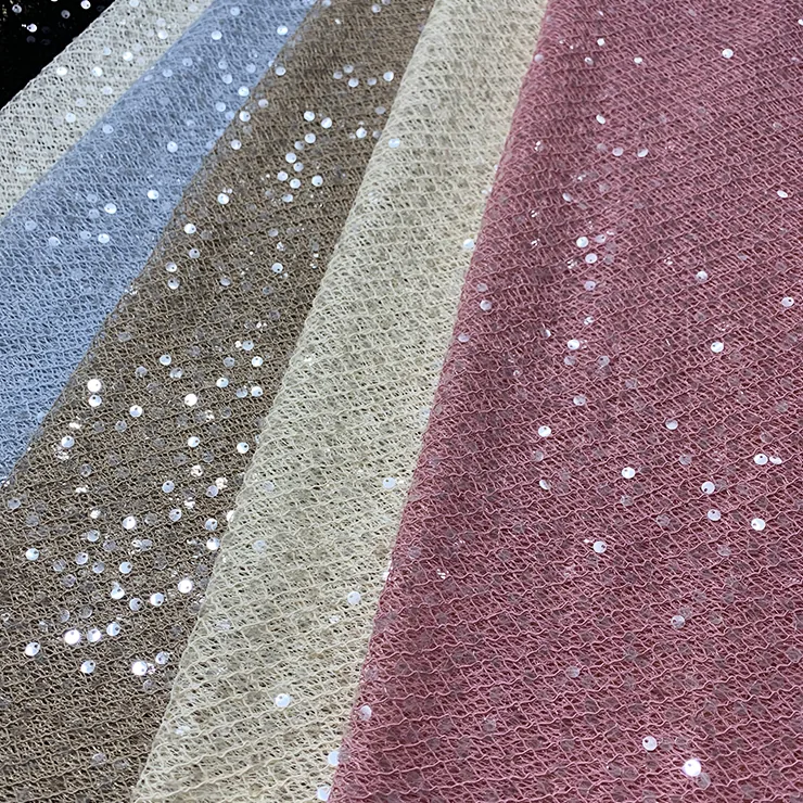 YX854 300gsm Apricot 100% Polyester Diamond Net Mesh Fabric with 5cm Sequins for Bridal Dress Veil Bag Fabric Knitting