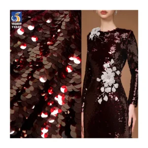 YX840 130CM High Quality Dress Embroidery Dark Red Sequin Fabric 450gsm 9mm Large Transparent Sequins Fabric