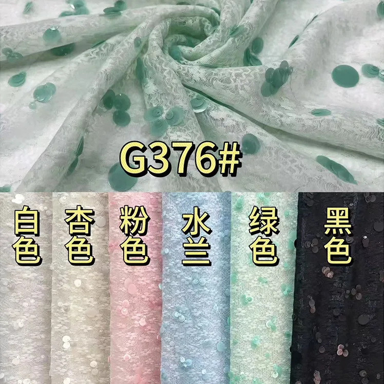 YX1408 2026 New Arrivals 300gsm Sheer Knitted Black Chantilly Lace Mesh Fabric With Round Sequins Fabric for Fashion Dress