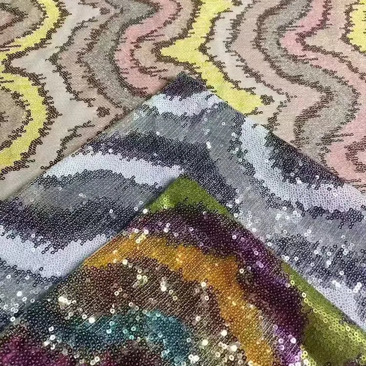 YX1522 220gsm High Shine Multicolor Wave Embroidered Sequin Fabric for Fashion Skirt and Party Dress Trendy Garments