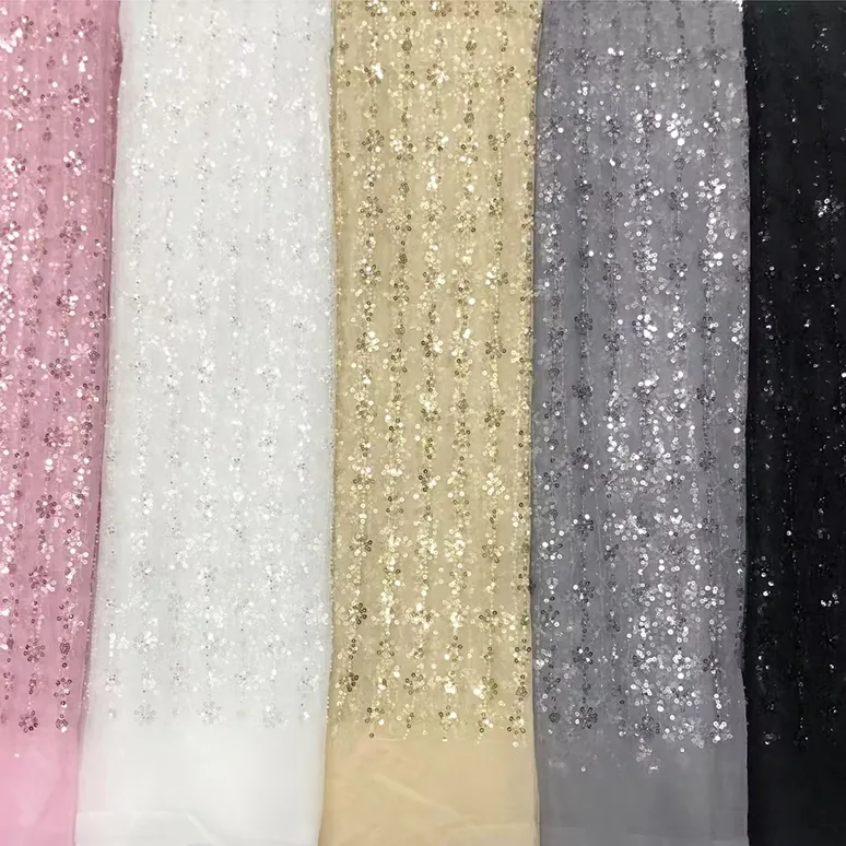 YX959 New Style Floral Design Sequined Polyester Tulle Fabric Glitter Sequin Embroidery Mesh Fabric for Girls Skirt Home Textile