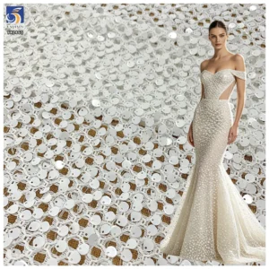 YX1465 Wholesale White Large Open Knit Mesh Fabric With 8MM Sequins for Bridal Evening Dresses and Garment Design