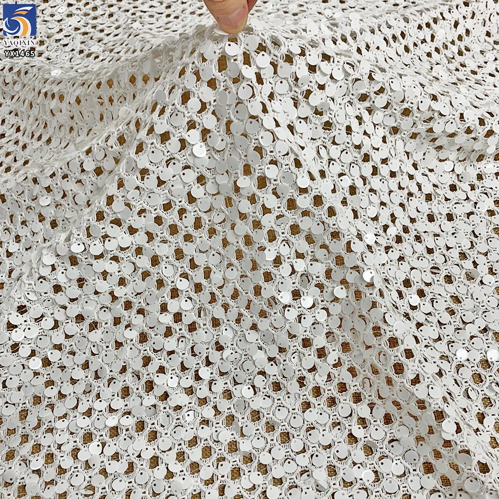YX1465 Wholesale White Large Open Knit Mesh Fabric With 8MM Sequins for Bridal Evening Dresses and Garment Design