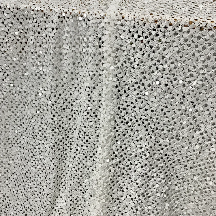 YX1465 Wholesale White Large Open Knit Mesh Fabric With 8MM Sequins for Bridal Evening Dresses and Garment Design