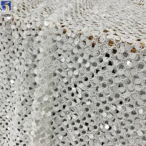 YX1465 Wholesale White Large Open Knit Mesh Fabric With 8MM Sequins for Bridal Evening Dresses and Garment Design