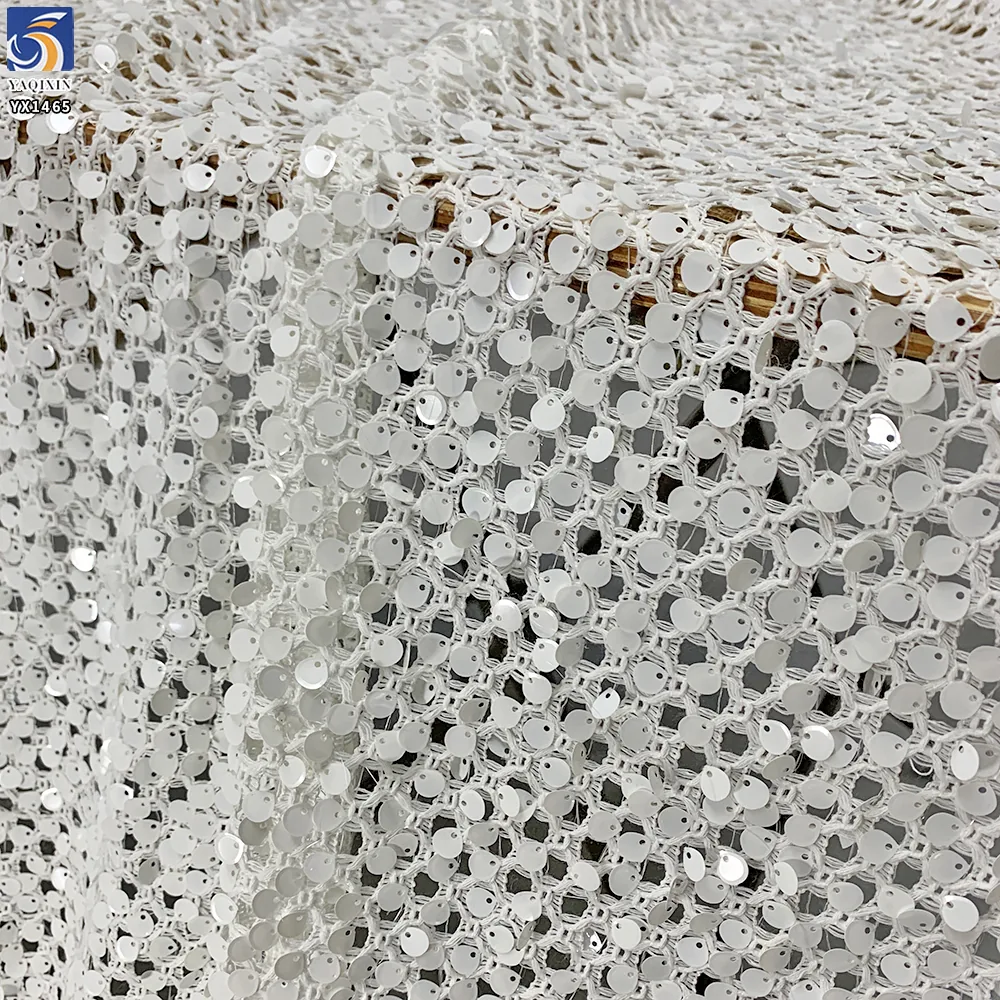 YX1465 Wholesale White Large Open Knit Mesh Fabric With 8MM Sequins for Bridal Evening Dresses and Garment Design