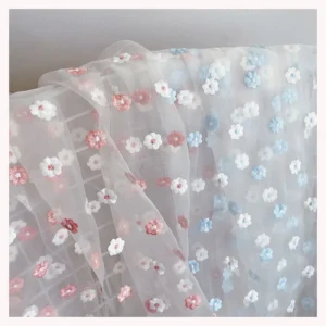 2025 Hot Pink White Two-Color Floral Organza Embroidered Fabric Lace Women Bouffant Dress Fabric