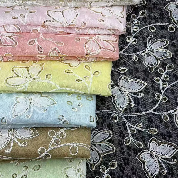 YX1510 Butterfly Embroidered Lace Fabric 140cm 170gsm 100% Polyester Cord Embroidery Lace Fabric for Women's Dresses