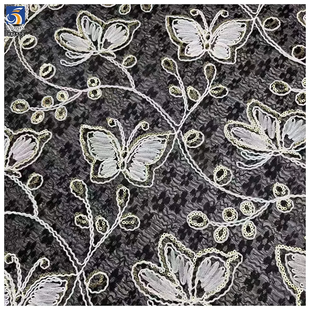 YX1510 Butterfly Embroidered Lace Fabric 140cm 170gsm 100% Polyester Cord Embroidery Lace Fabric for Women's Dresses