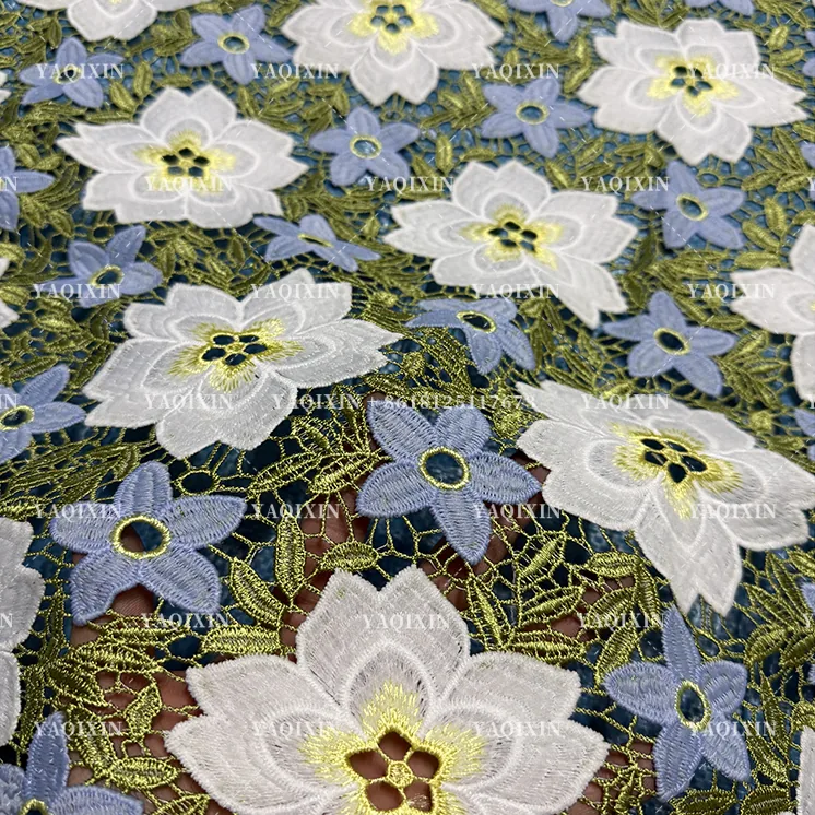 YX1256 2026 Pastoral Style Florals and Leaves Embroidered Fabric for Tablecloths Water Soluble Floral Lace Embroidery Fabric