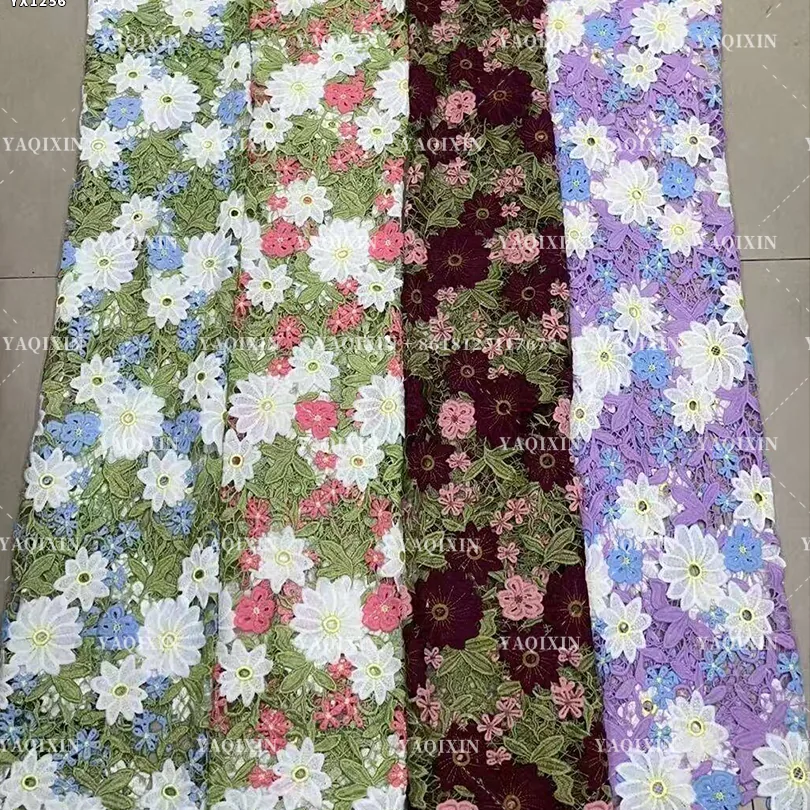 YX1256 2026 Pastoral Style Florals and Leaves Embroidered Fabric for Tablecloths Water Soluble Floral Lace Embroidery Fabric