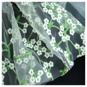 YX244 Golden Supplier French Green Floral Embroidery Lace Fabric Fresh Retro Style Tulle Lace Fabric for Girls' Dress