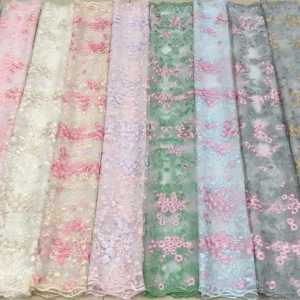 YX695 Ready-To-Stock Wholesale Embroidery Mesh 100% Polyester Pink Florals Embroidery Tulle Fabric for Girls Skirt Making